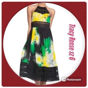 Anthropologie Tracy Reese Woman Dress Lace Inserts High Neck Floral Print Midi